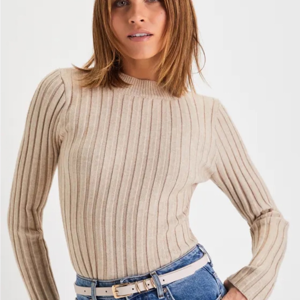 Beige Ribbed Long Sleeve Sweater